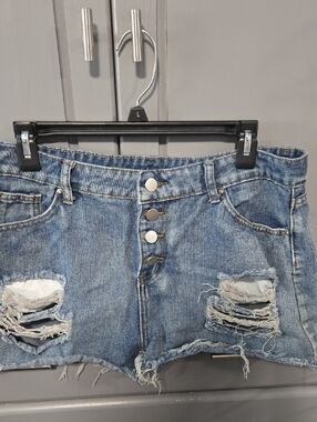 Distressed High-Rise Denim Shorts - Blue